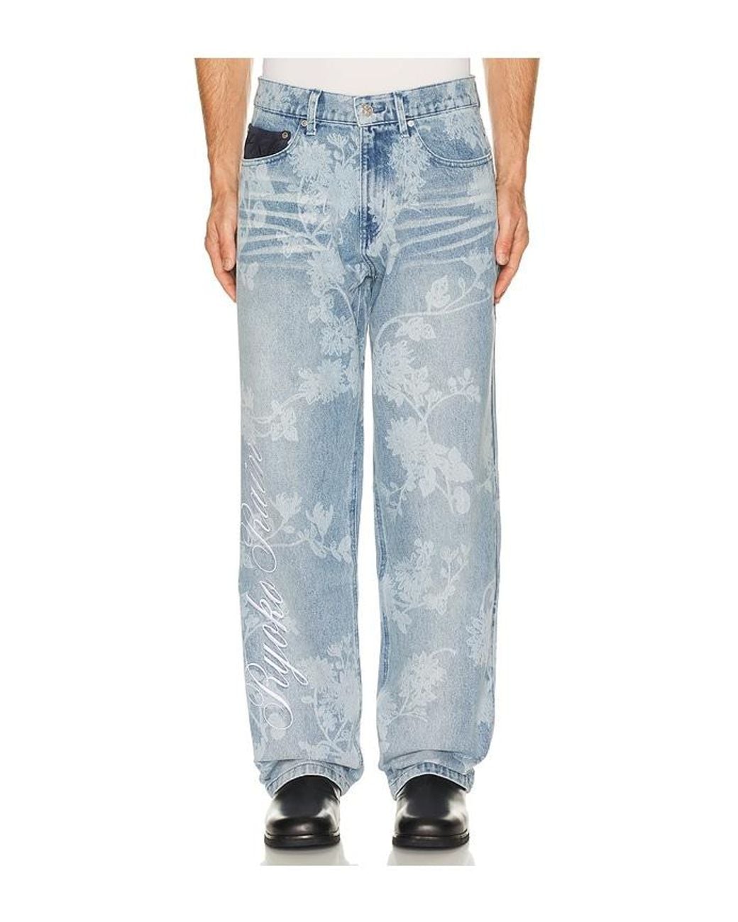 Ryoko Rain Blue Laser Engraved Floral Jeans for men
