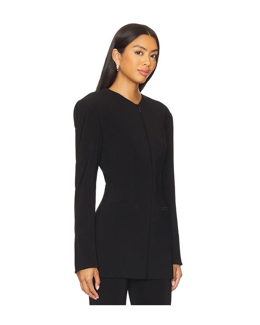 Norma Kamali Black Long Sleeve Shoulder Pad V Neck Zip Front Jacket