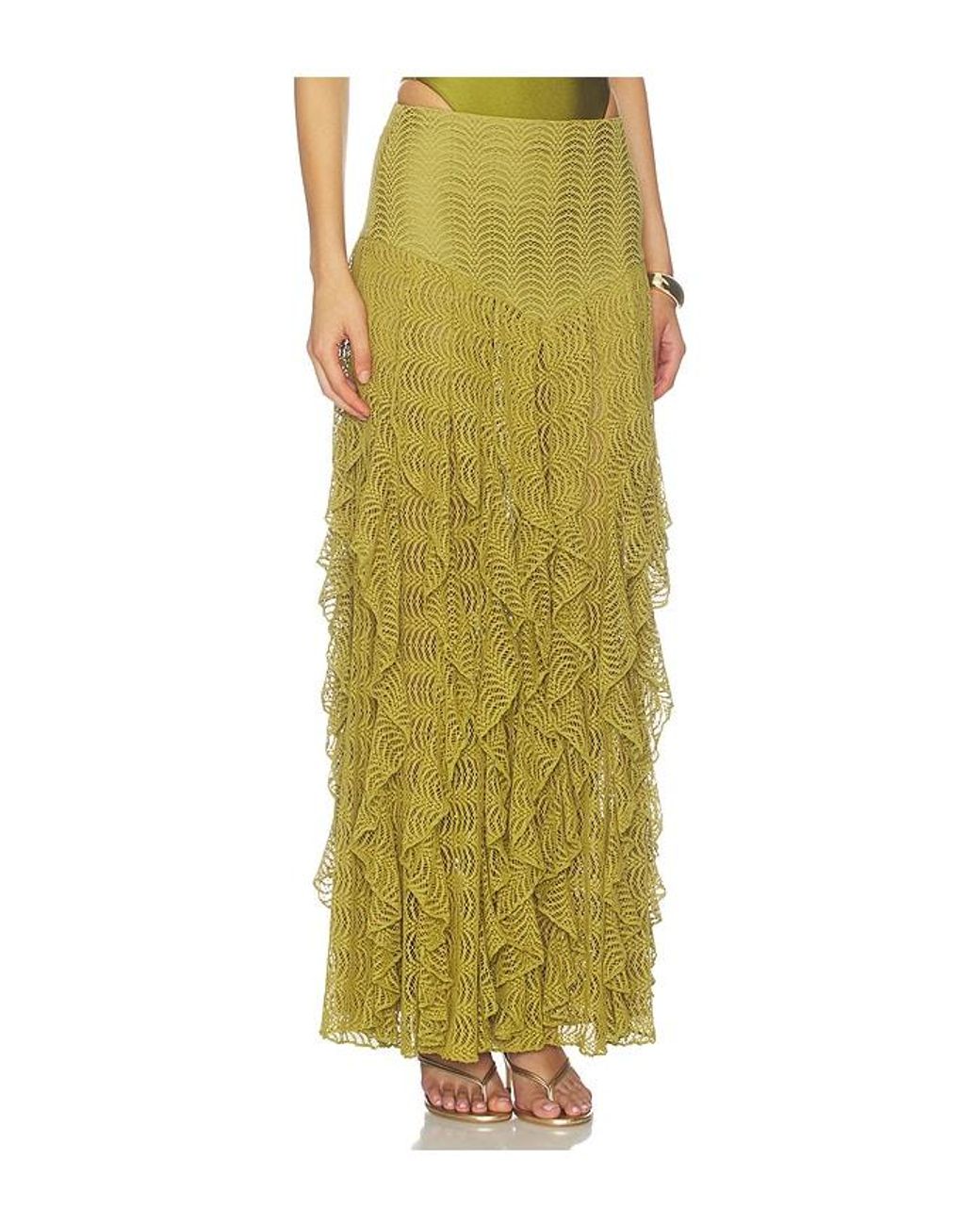 PATBO Green Petal Sheen Mesh Maxi Skirt