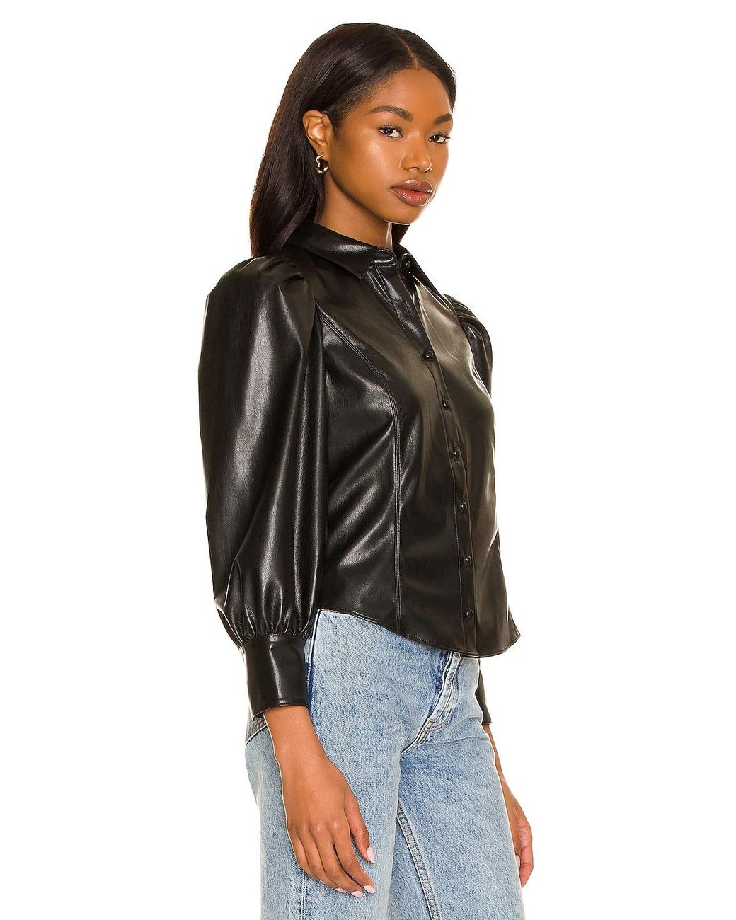 Puff Sleeve Vegan Leather Button Down 