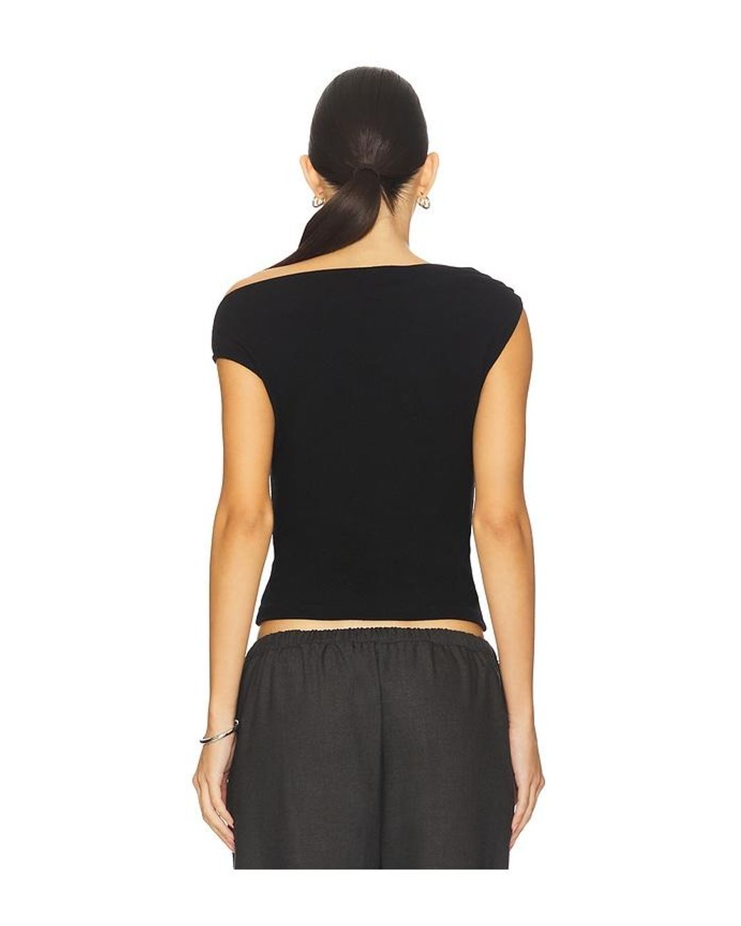 Leset Black Lauren Ruched Asymmetrical Shoulder Top