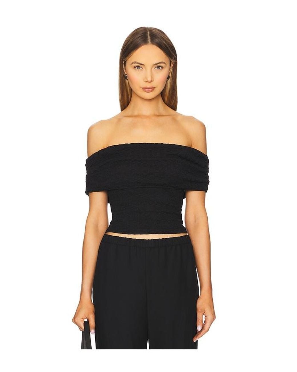 Astr Black Off Shoulder Textured Knit Top