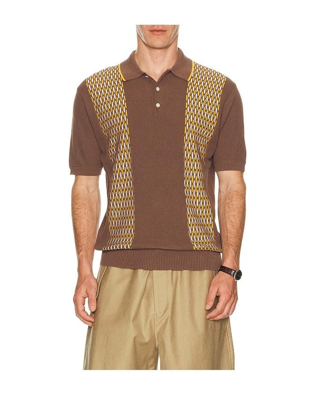 Beams Plus Brown Knit Polo Front Stripe Jacquard for men