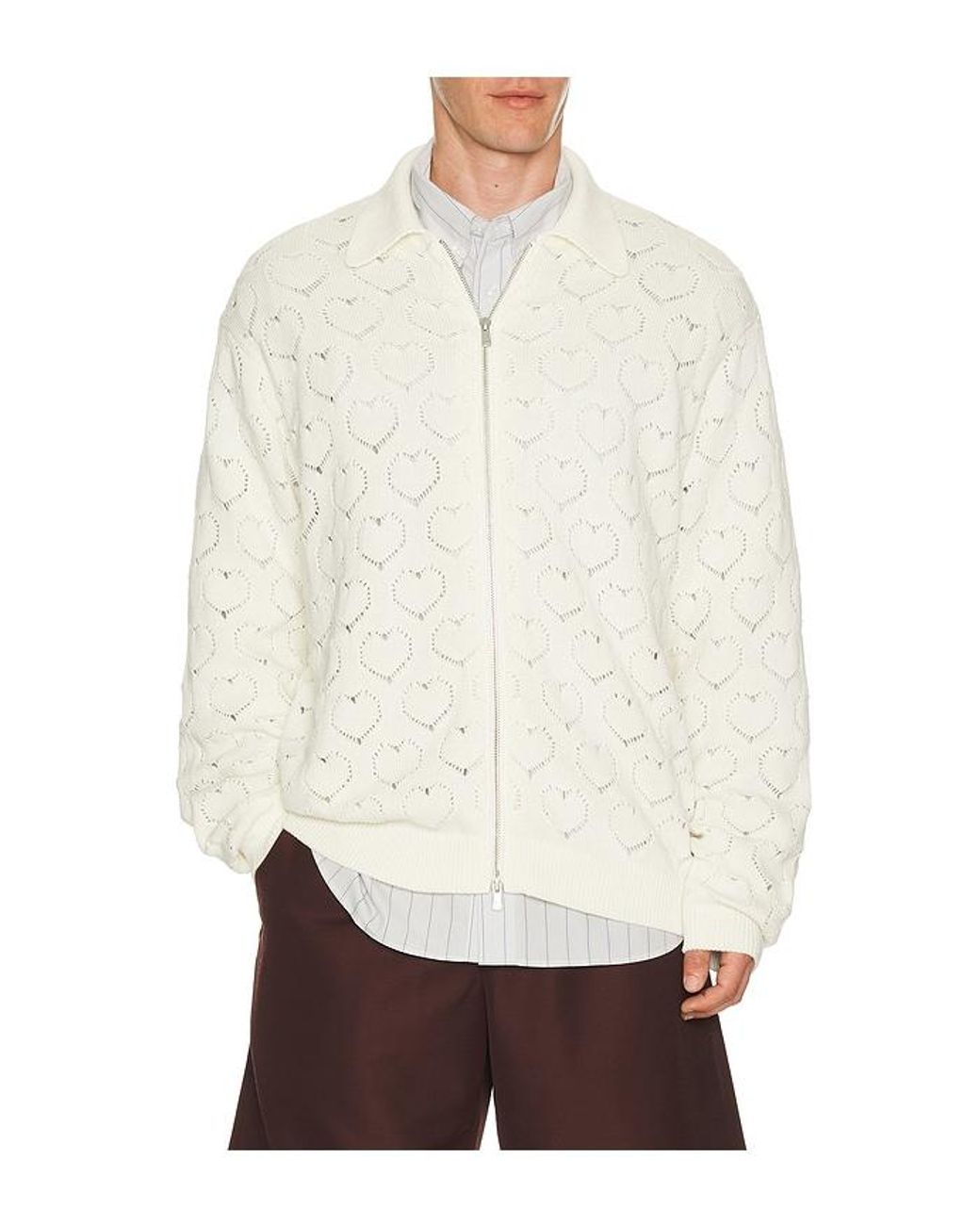 vowels White Eyelet Knitted Zip Up for men