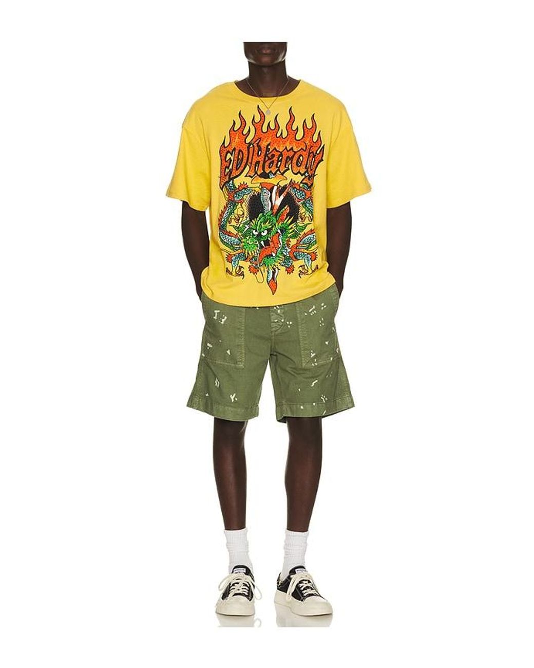 Ed Hardy Yellow Dragons Boxy Rhinestone Tee for men