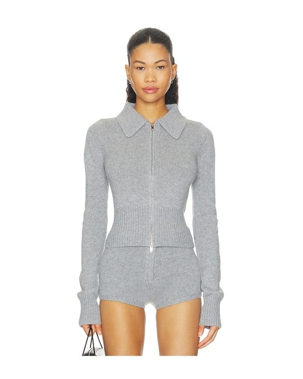 AEXAE Gray Cashmere Ribbed Collar Cardigan