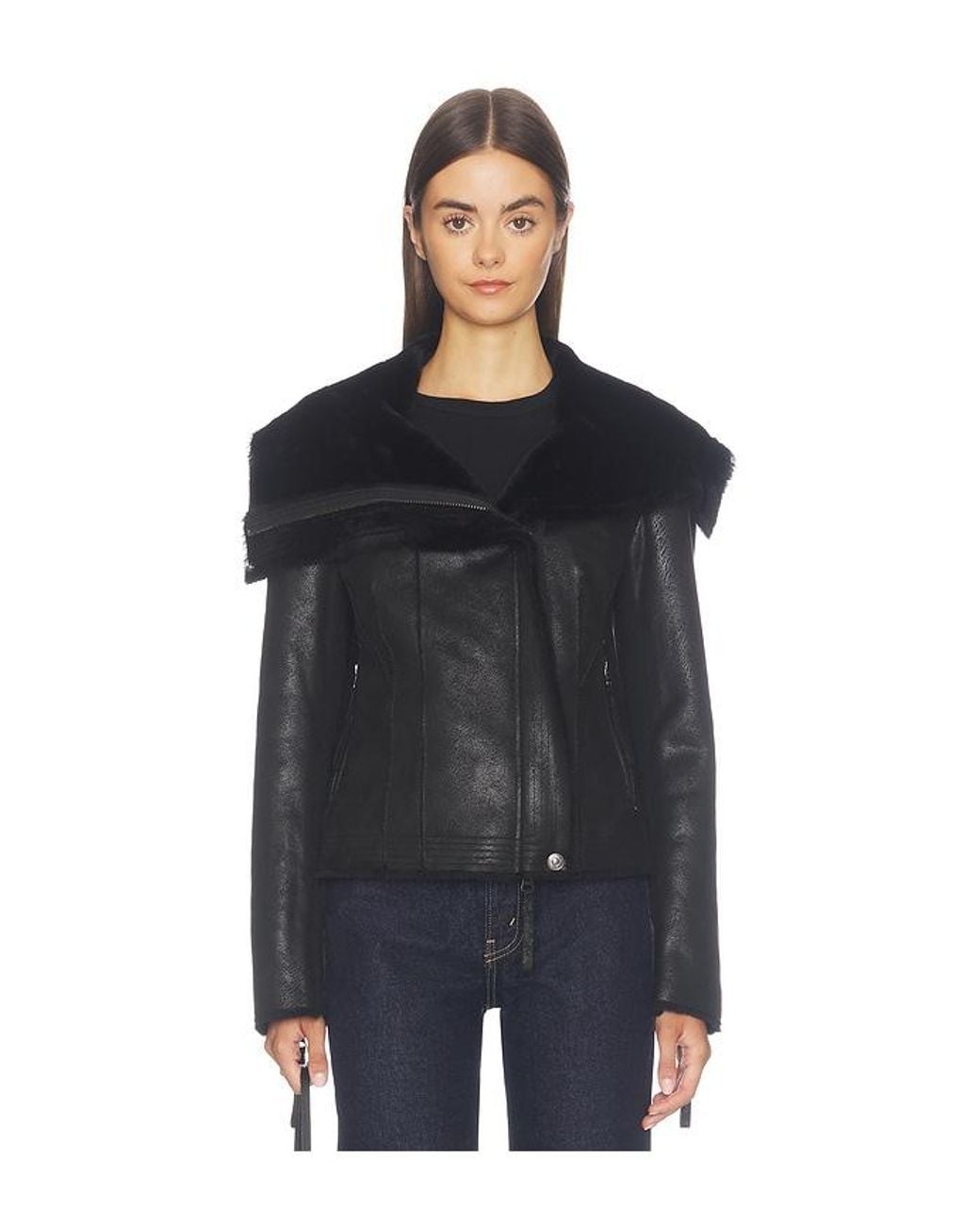 Free People Black X We The Free Fourline Shearling Aviator Jacket