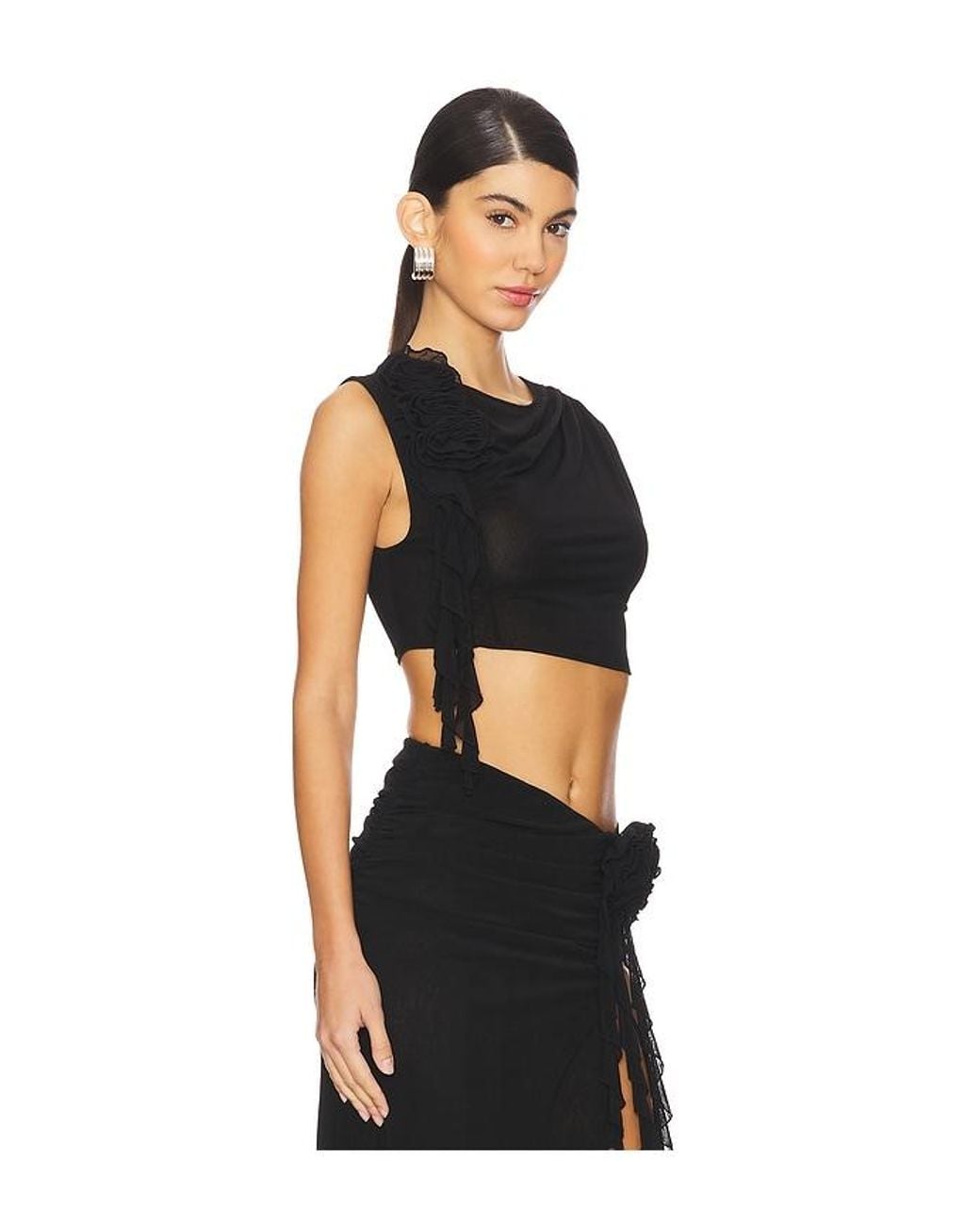 Nbd Black Mesh Floral Ruffle Top