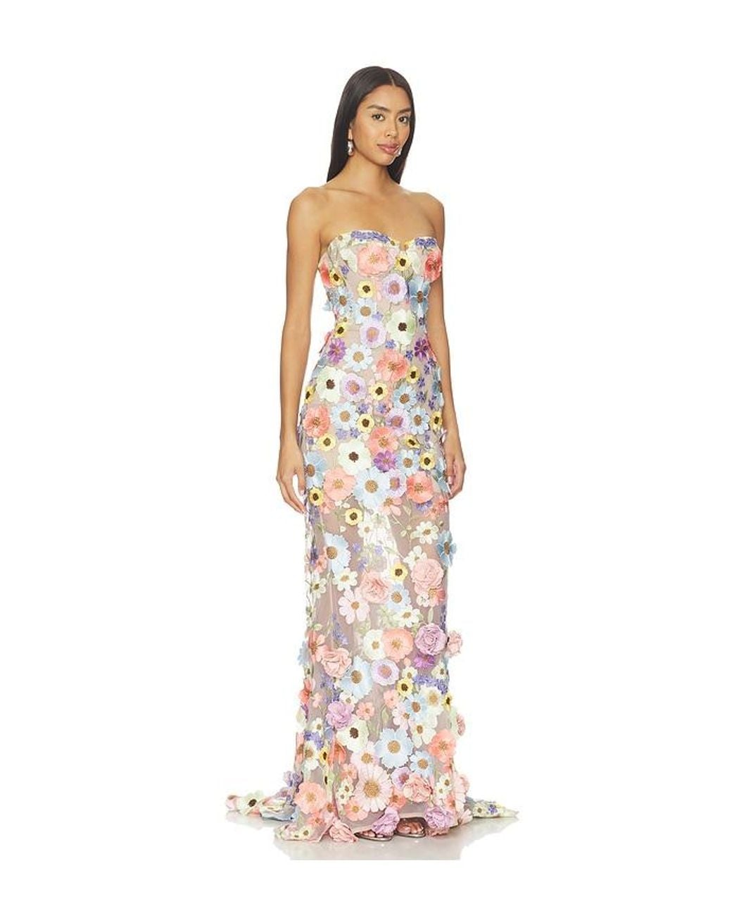 Bronx and Banco White Jasmine Floral Strapless Gown