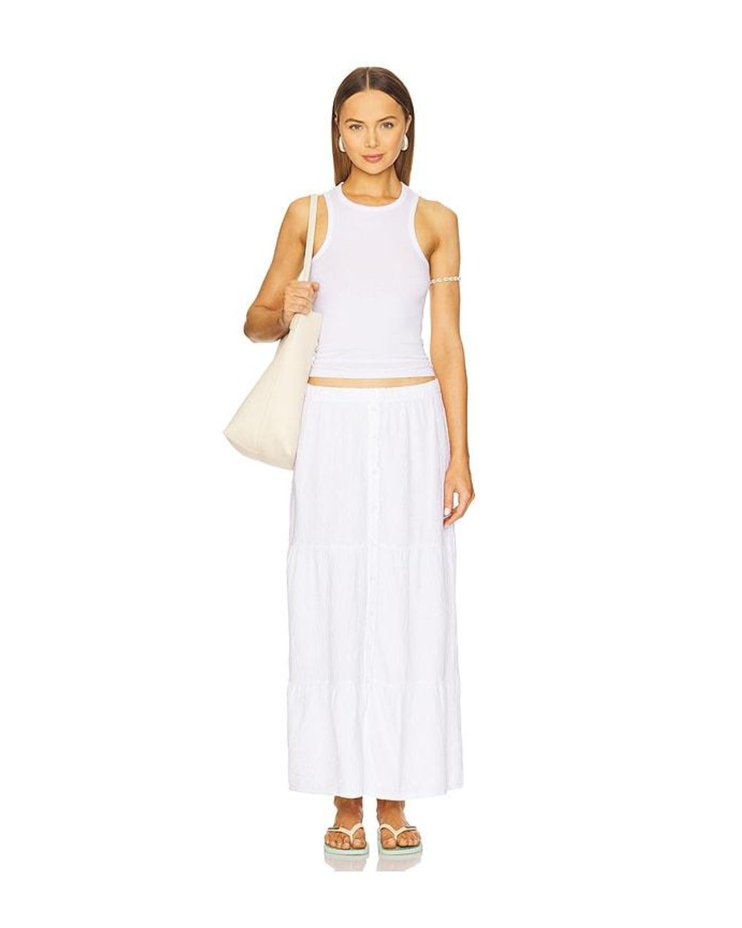 Bobi White Tiered Button Front Maxi Skirt