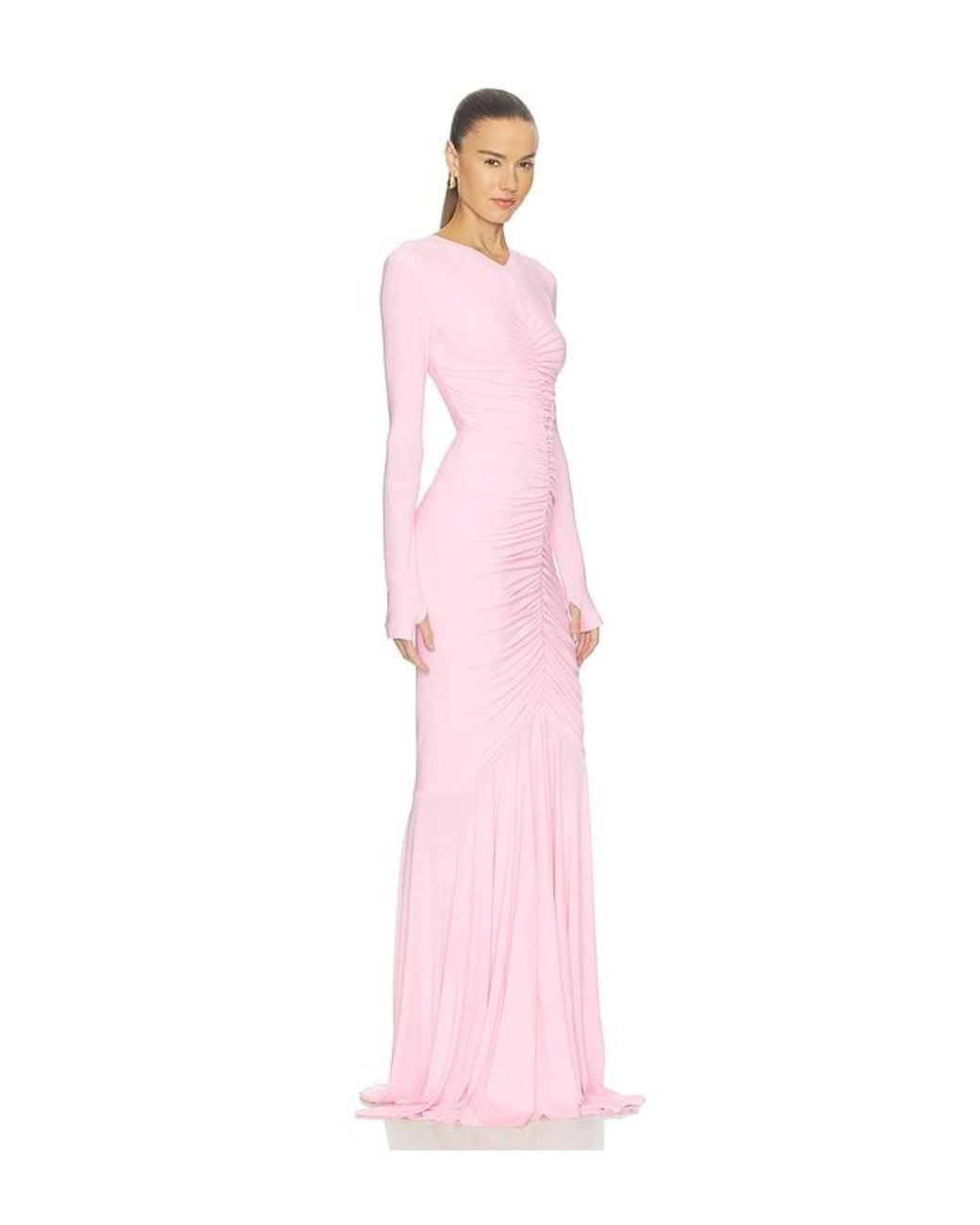 Norma Kamali Pink Long Sleeve V Neck Shirred Front Fishtail Gown