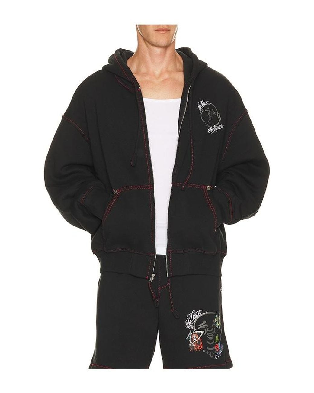 True Religion Black Buddha Face Big T Boxy Zip Up Hoodie for men