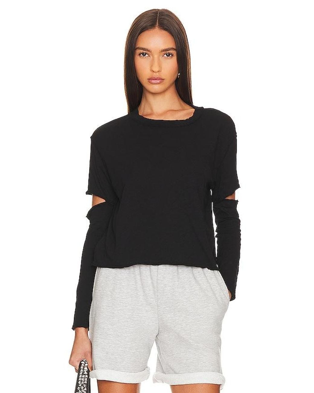 Bobi Black Elbow Cut Long Sleeve Top