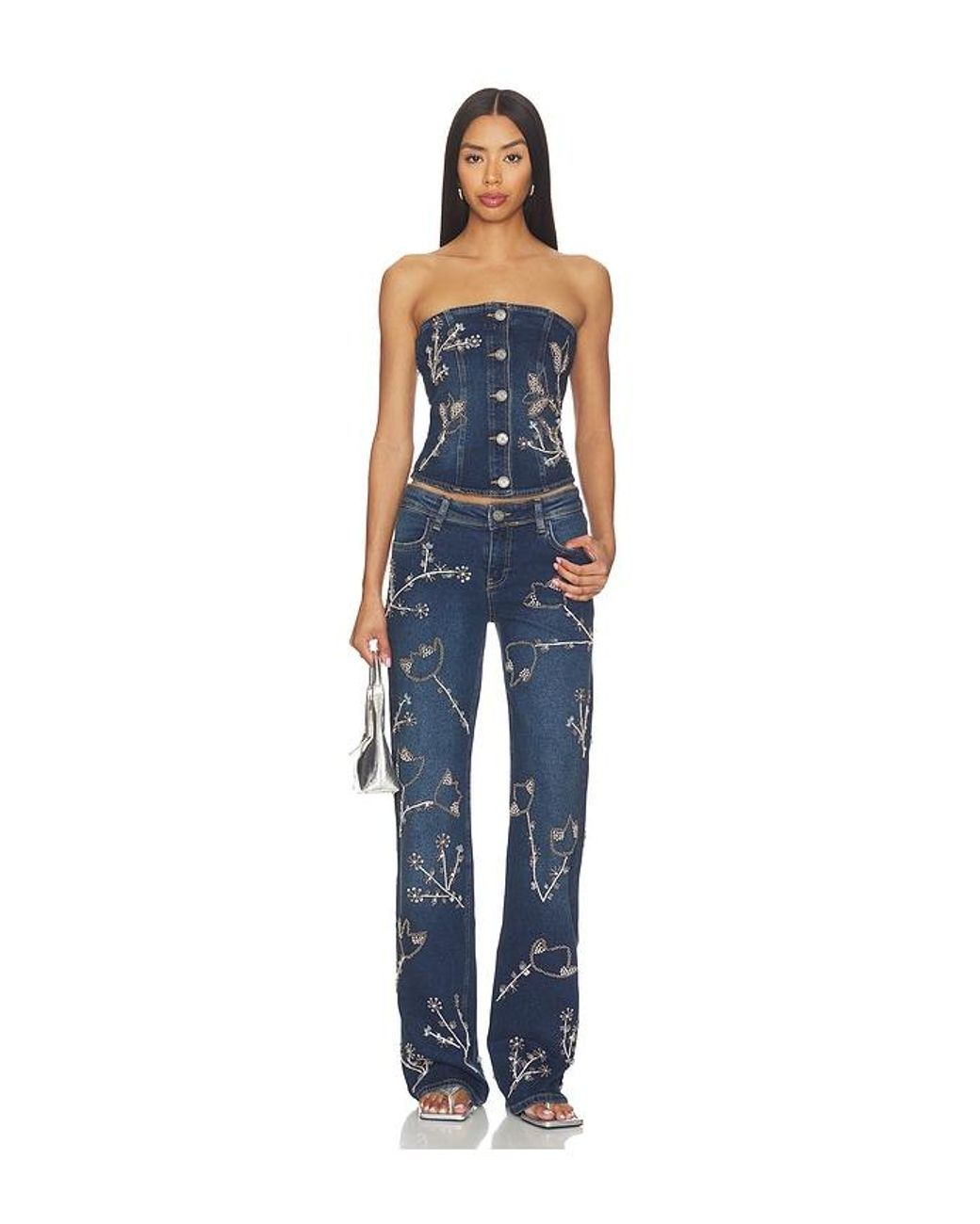 OW Collection Blue Nova Embellished Denim Top