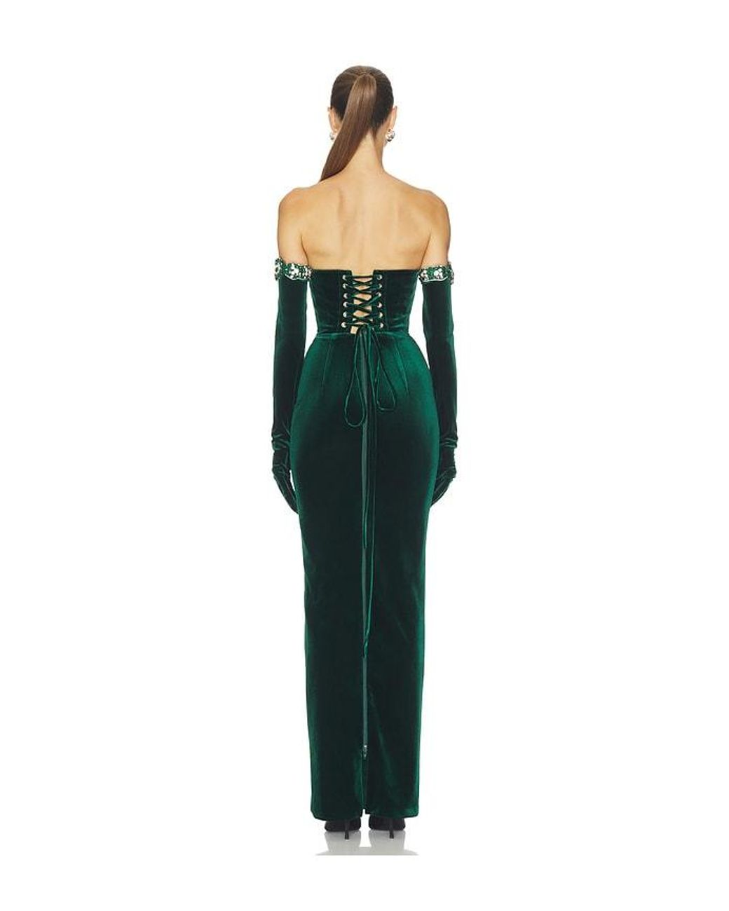 Bronx and Banco Green Velvet Strapless Maxi Dress With Gloves
