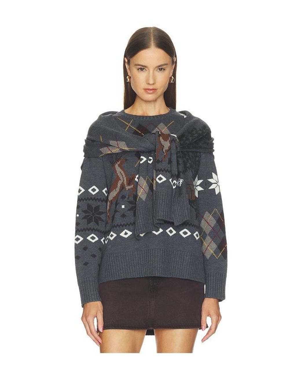 Monse Black Mixed Fair Isle Crew Neck Sweater With Scarf