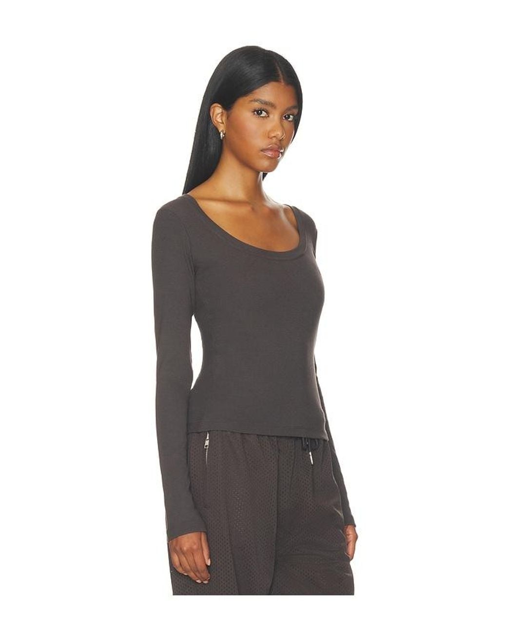 ADANOLA Black Rib Scoop Neck Long Sleeve Top