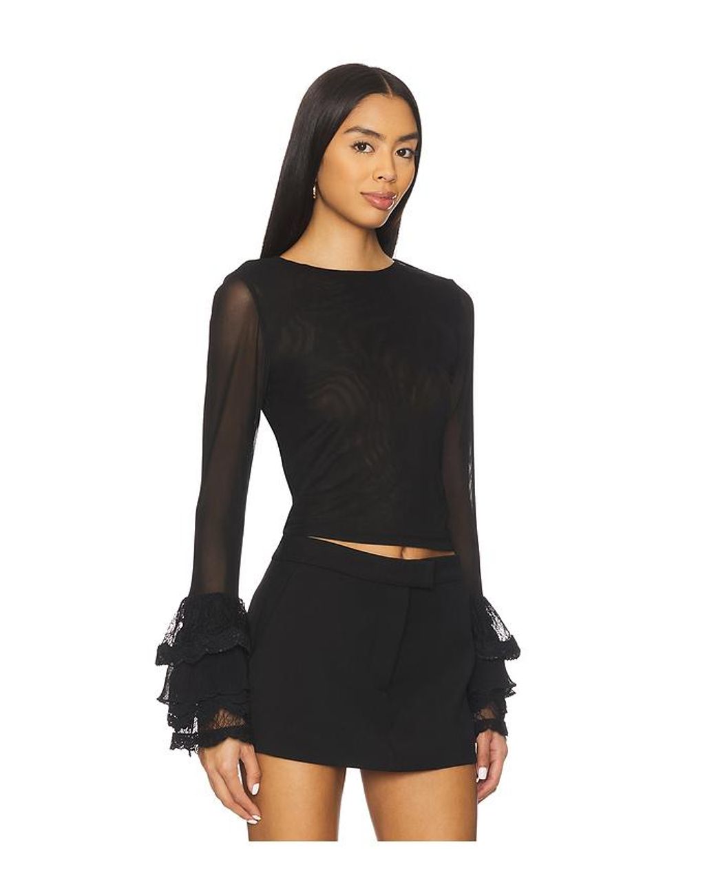 Alice + Olivia Black Delaina Long Sleeve Crop Top With Ruffle Cuff