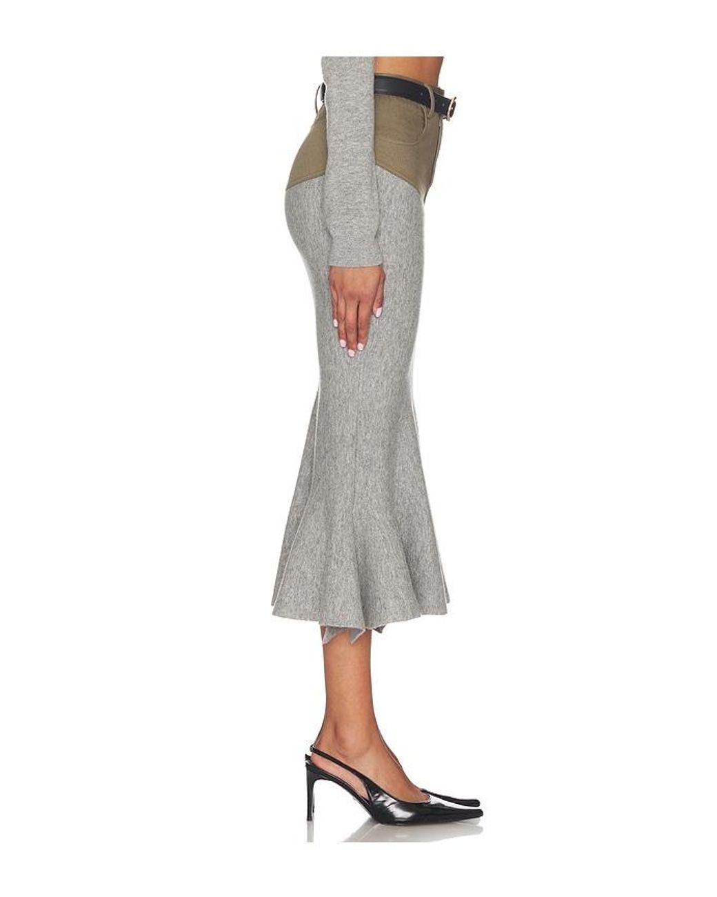 Self-Portrait Gray Knit Khaki Denim Insert Midi Skirt