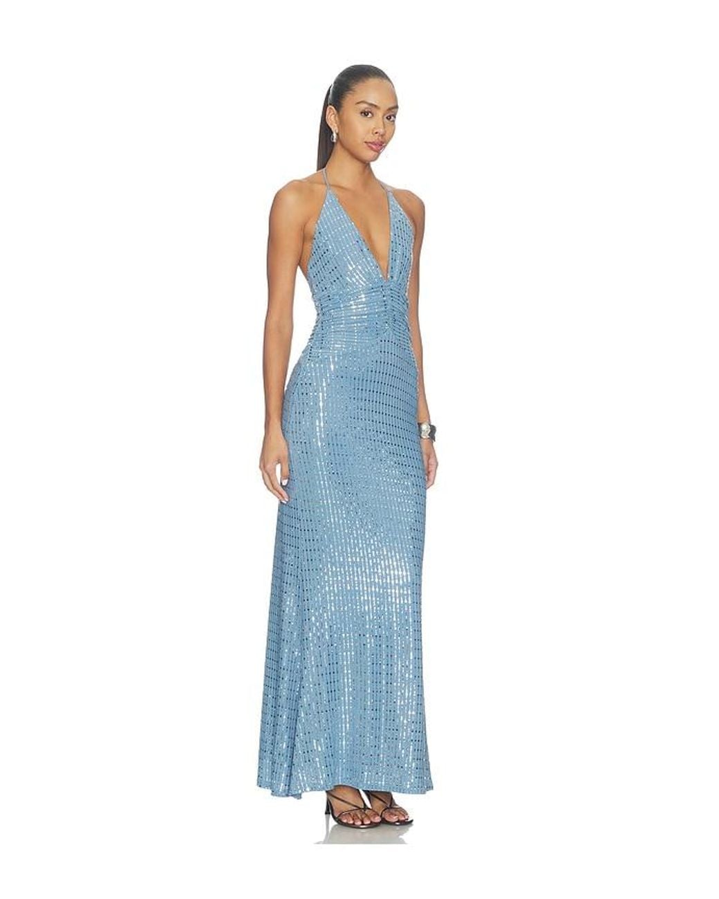 Runaway the Label Blue Nara Deep V-Neck Maxi Dress