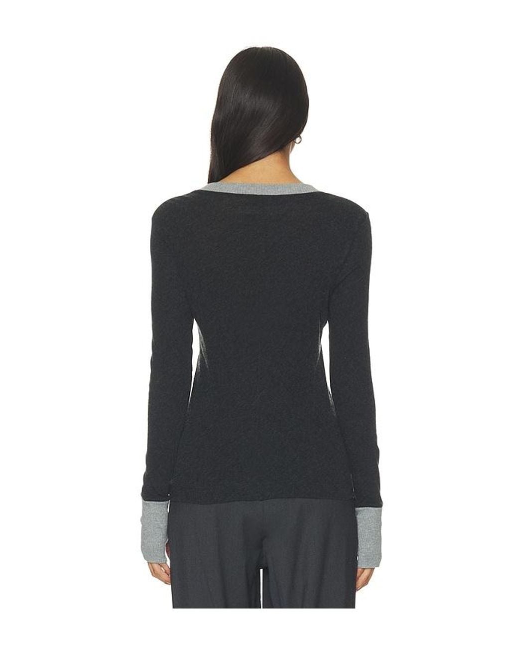 Enza Costa Black Cashmere Jersey Contrast Easy Cuffed Crew
