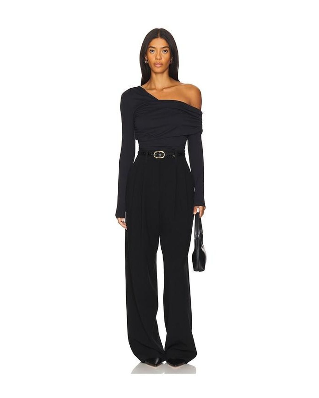 Susana Monaco Black One Shoulder Off Shoulder Long Sleeve Top