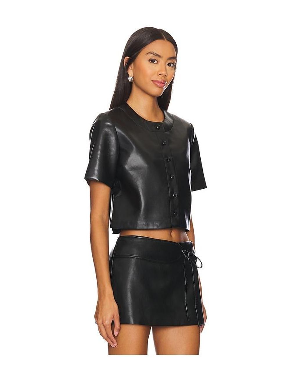 Amanda Uprichard Black Button-Front Faux Leather Top