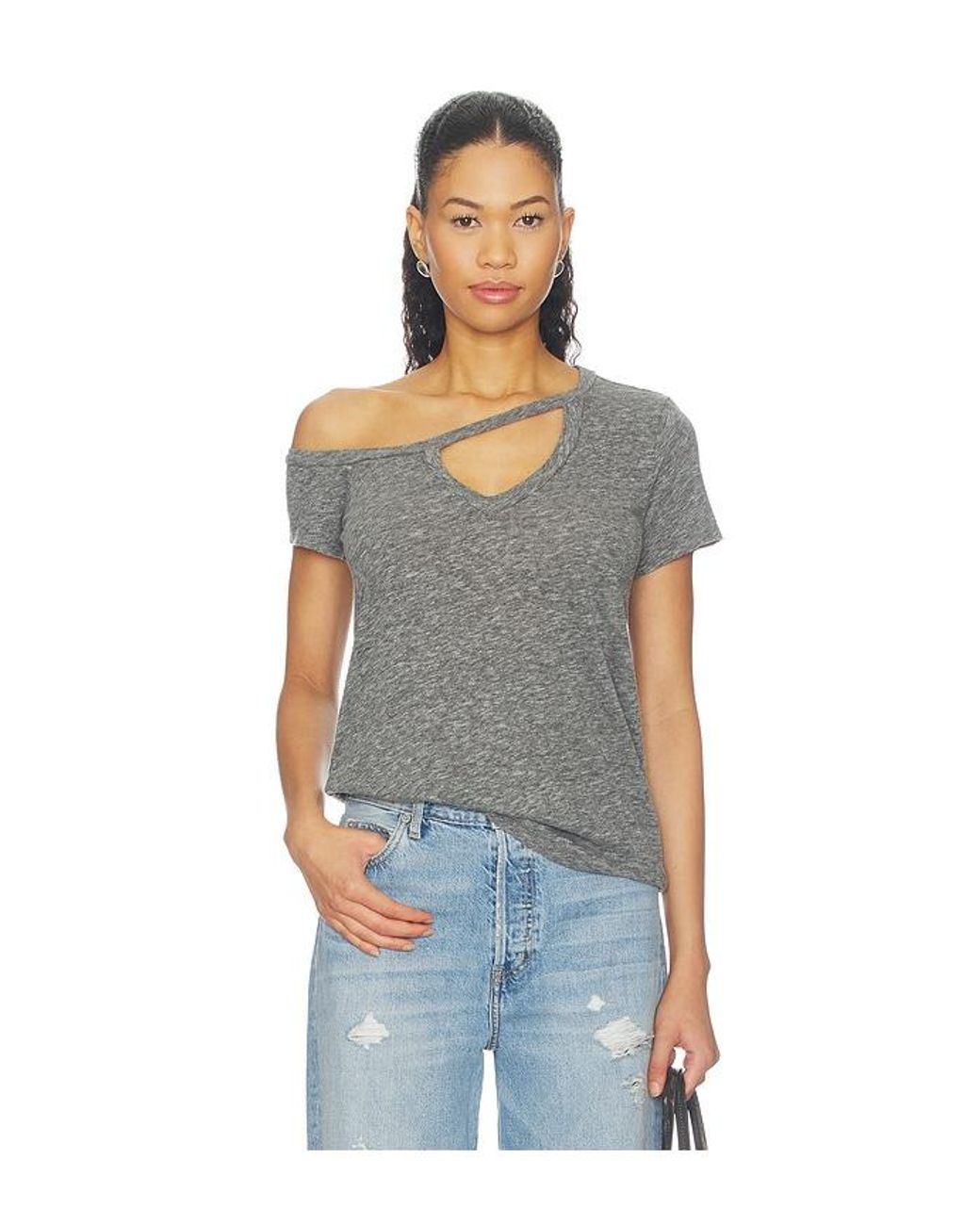 Michael Lauren Blue Zire Aysmmetrical Cold Shoulder V-Neck Keyhole Tee