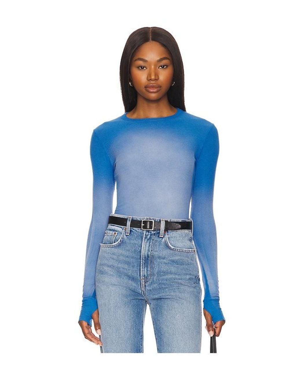 Michael Lauren Blue Alick Long Sleeve Fitted Top With Thumbhole