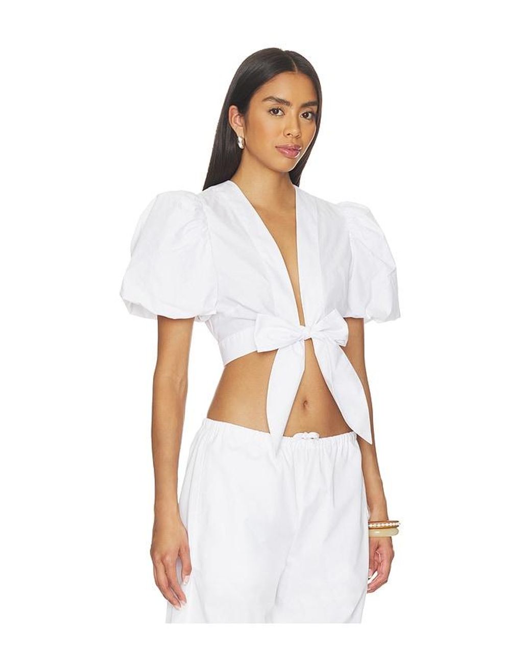 Susana Monaco White Poplin Bubble Sleeve Tie Front Top