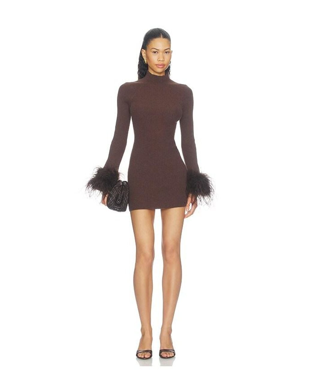 Lovers + Friends Brown Jaymie Feather Mock Neck Dress