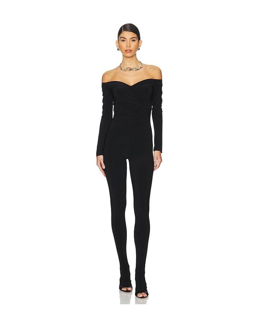Norma Kamali Black Off Shoulder Sweetheart Catsuit With Footie
