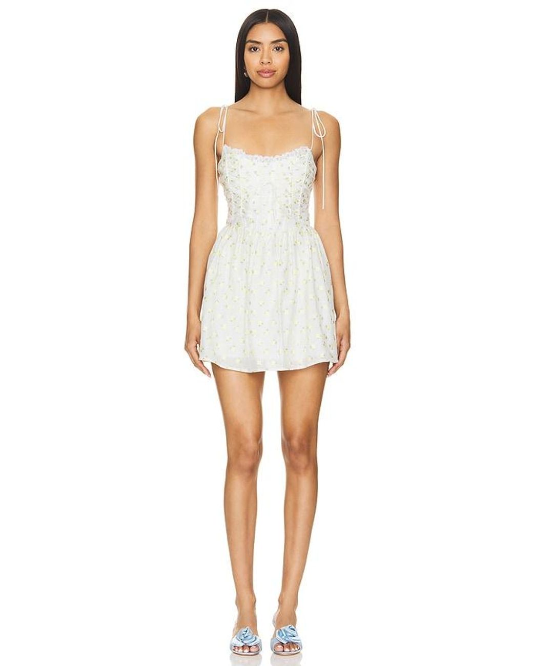 chinese dress ladies for Love & Lemons Lakeside Scallop Edges Lace Mini Dress in White