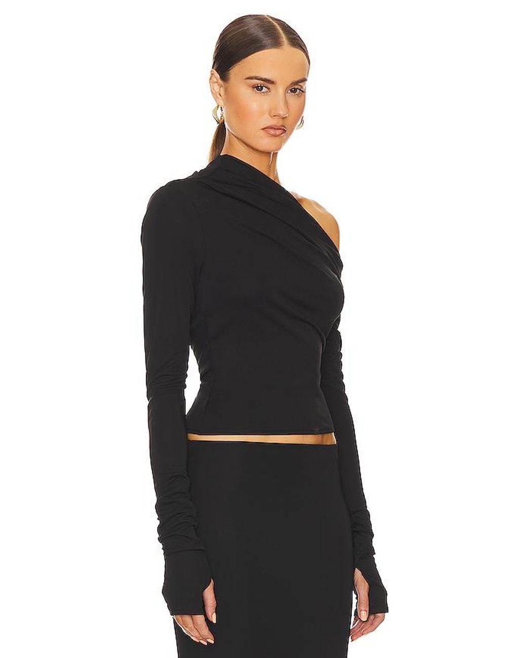 Helsa Black Matte Jersey Drape Shoulder Top