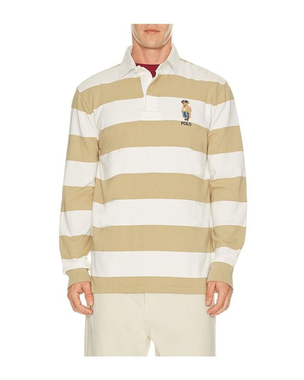 Polo Ralph Lauren Natural Long Sleeve Basic Mesh Litchfield Bear Rugby Polo for men