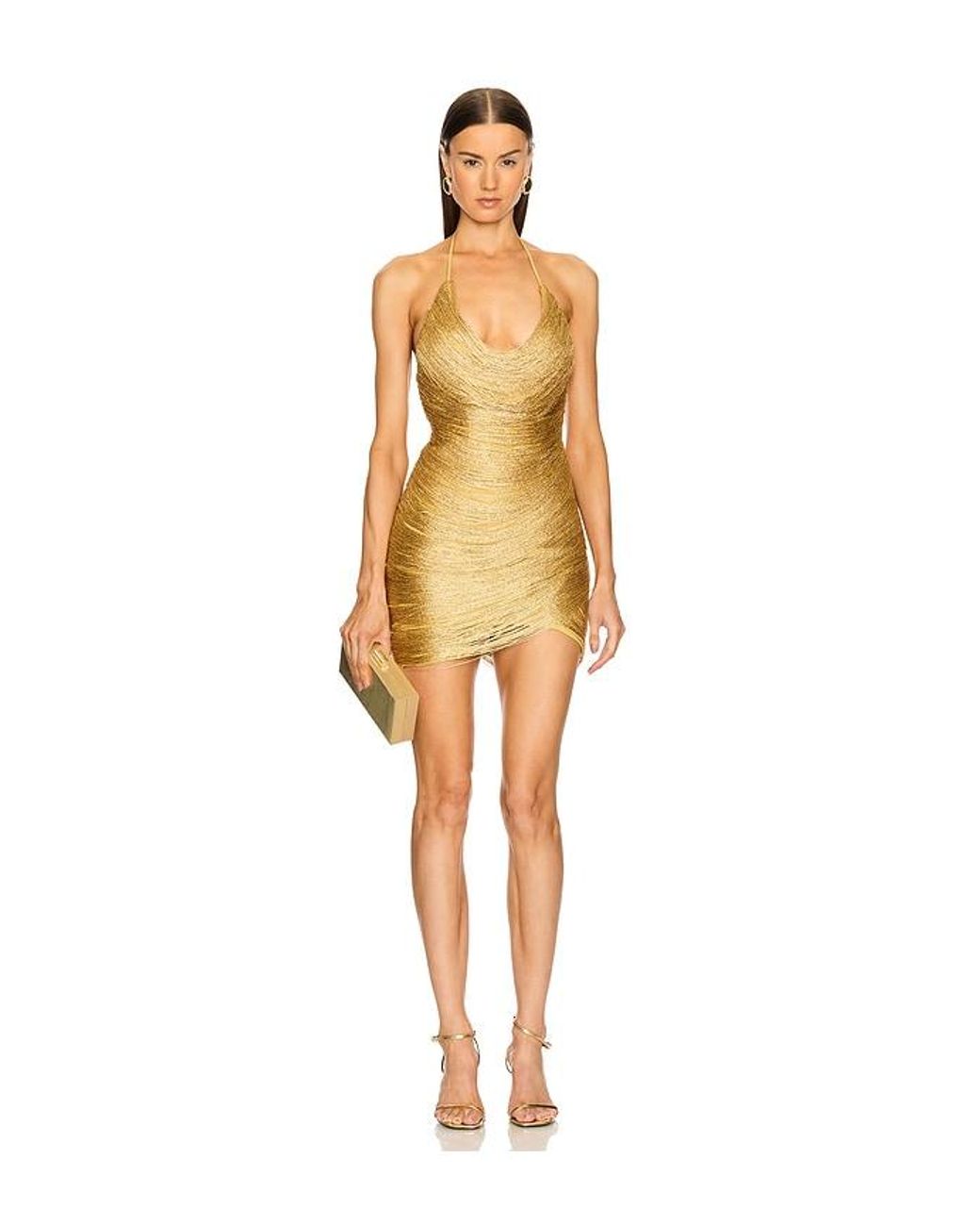 slim fit dress slacks Gold Draped Metallic Maxi Dress