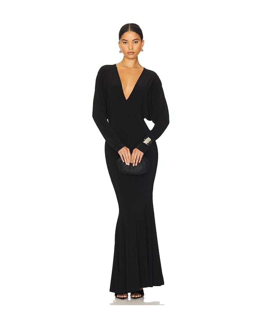 Norma Kamali Black Dolman V Neck Fishtail Gown
