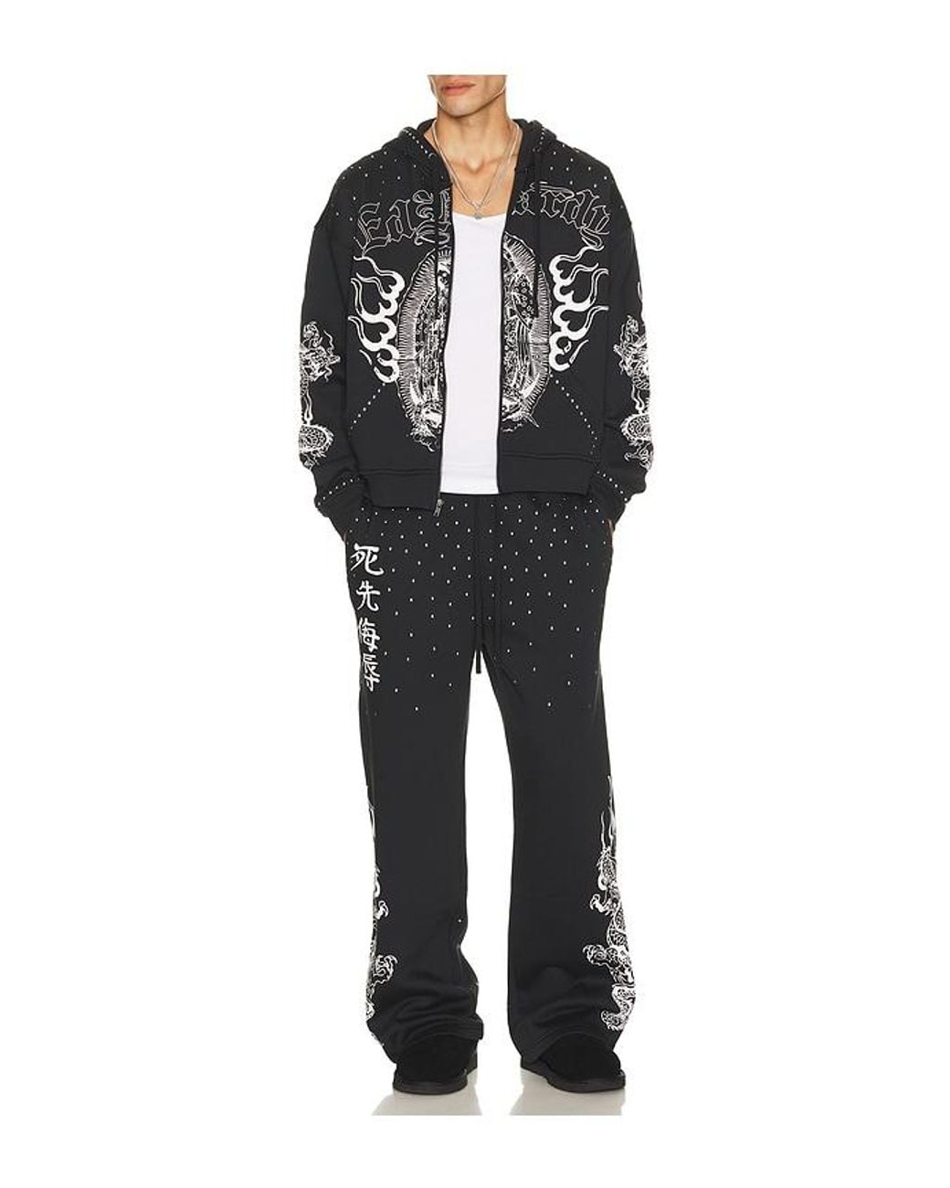 Ed Hardy Black Mary Dragon Studded Boxy Zip Sweatpant for men