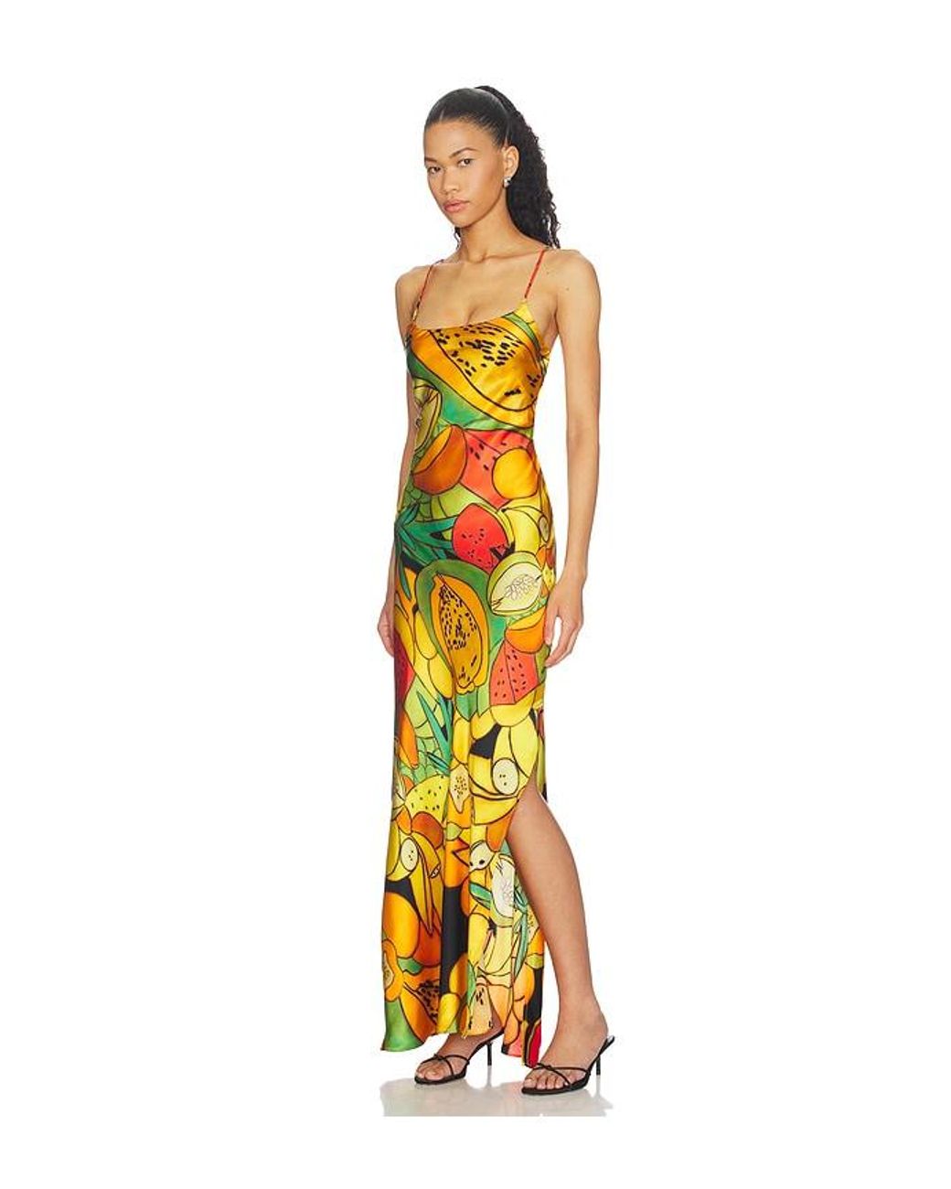 Donde Esteban Metallic Frutas Silk Satin Long Dress