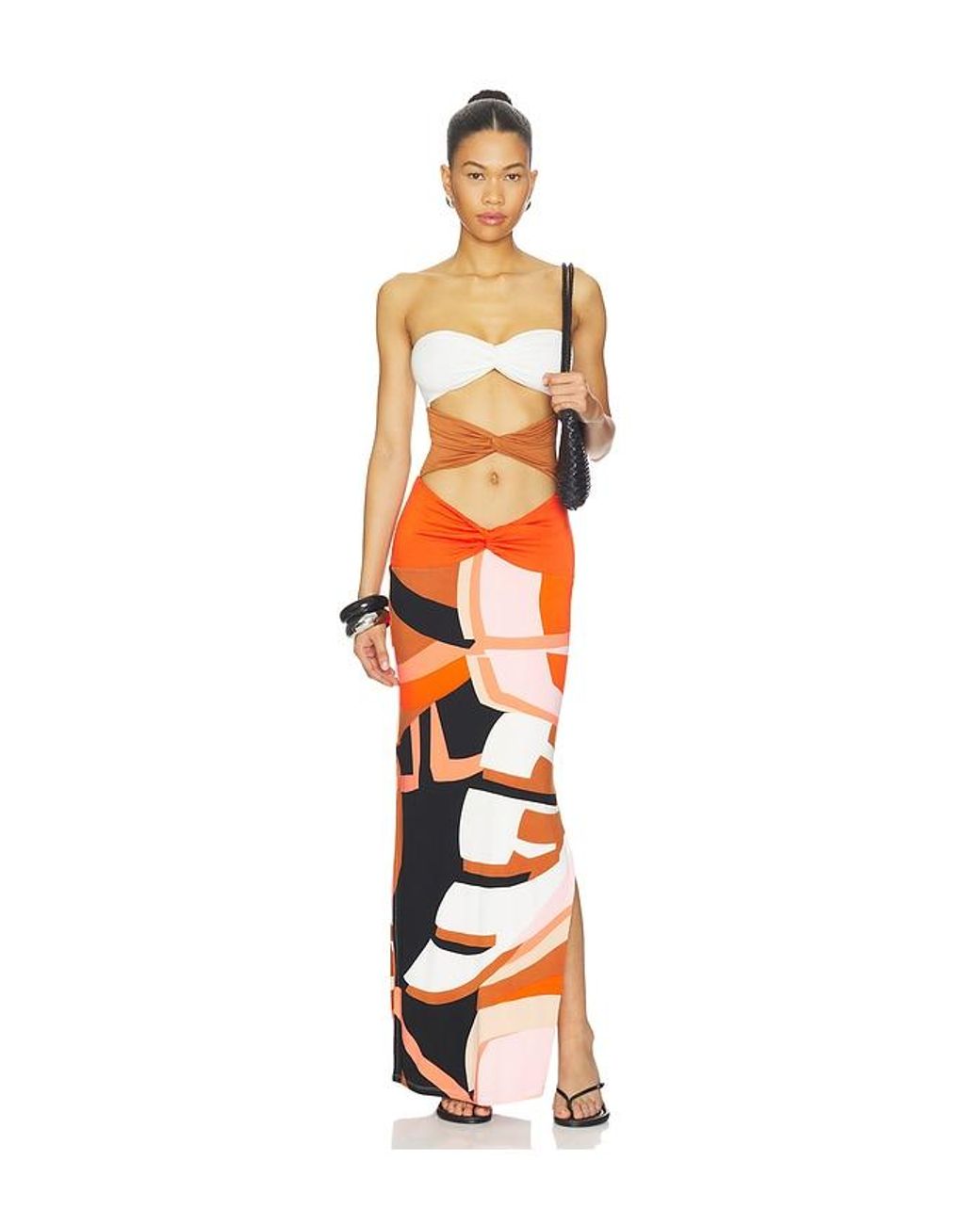 Indah Orange Charlie Printed Maxi Dress With Solid Bandeau Panels