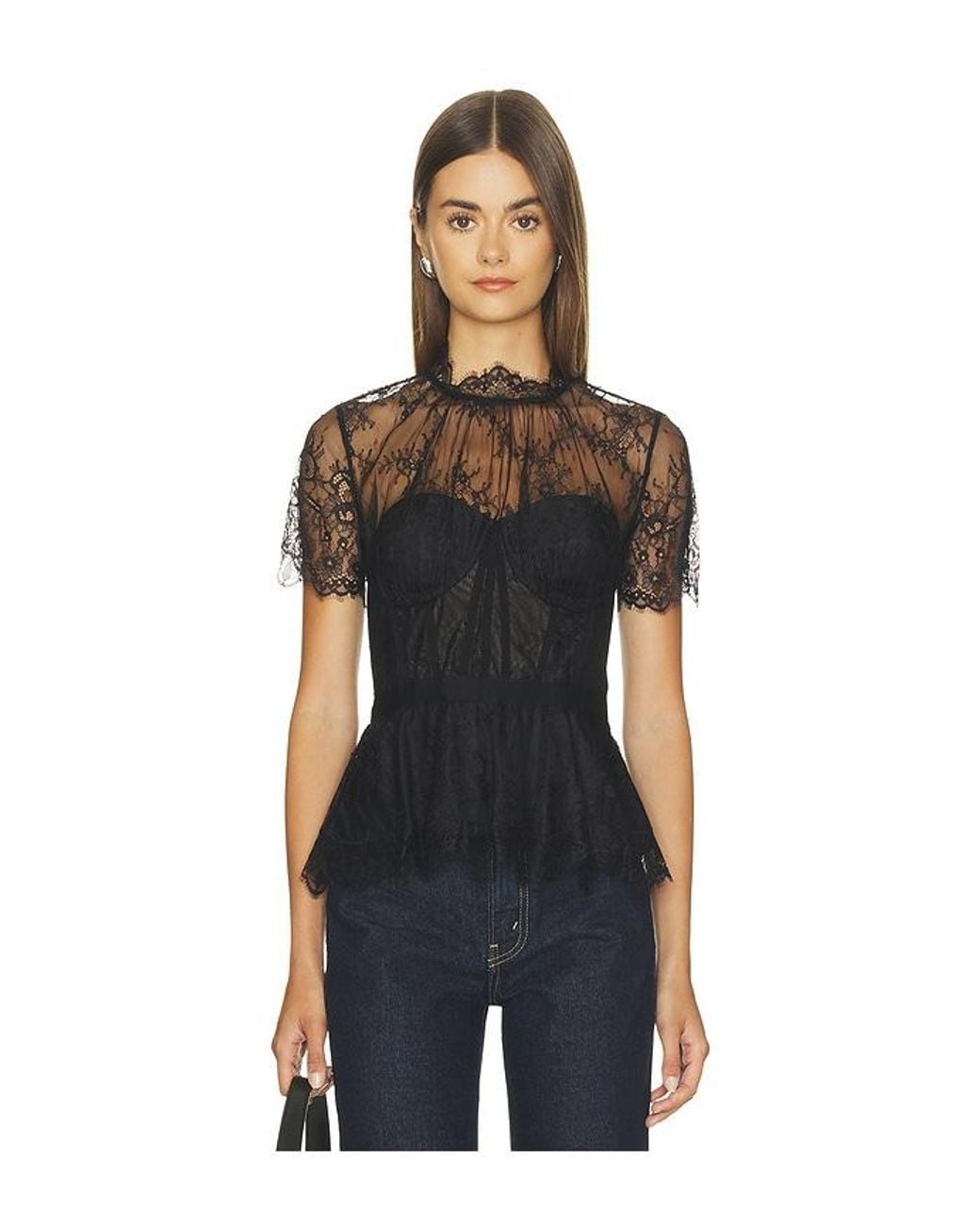 Jonathan Simkhai Blue Kehlani Lingerie Lace Short Sleeve Bustier Top