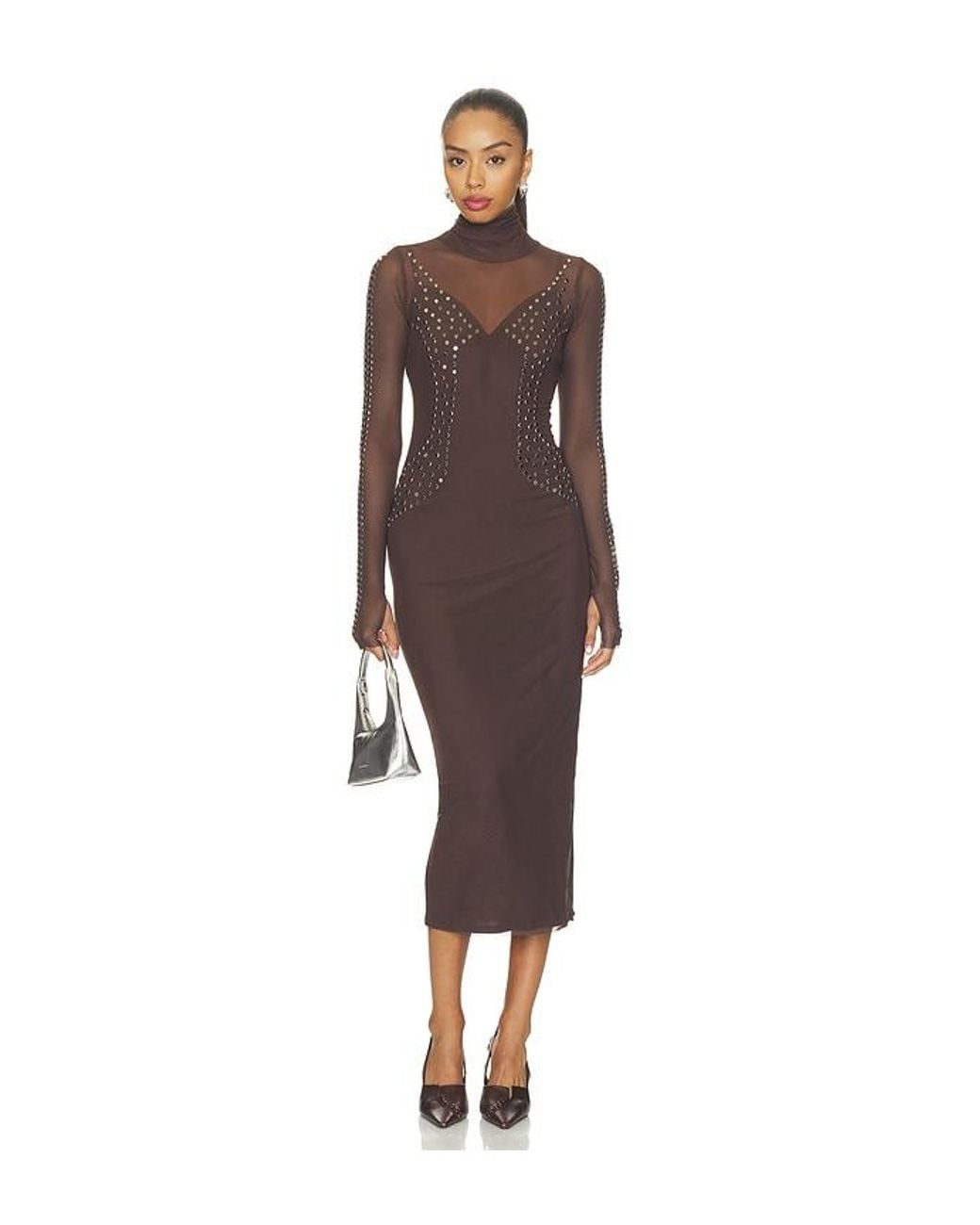 AFRM Brown Shailene Studded Mesh Dress