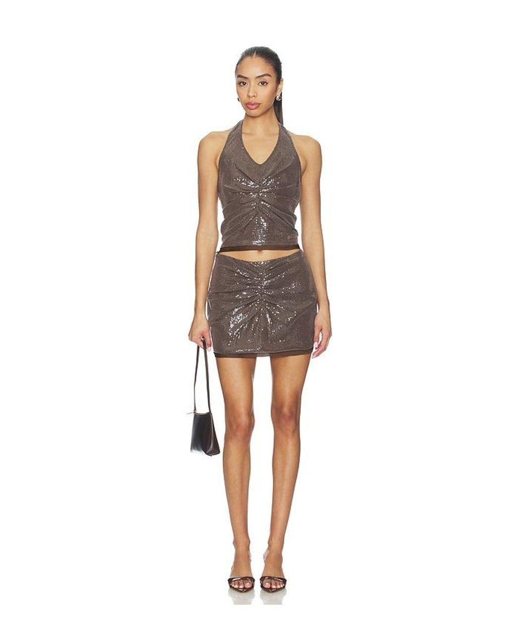 PRIVATE POLICY Black Gather Sequin Mini Skirt