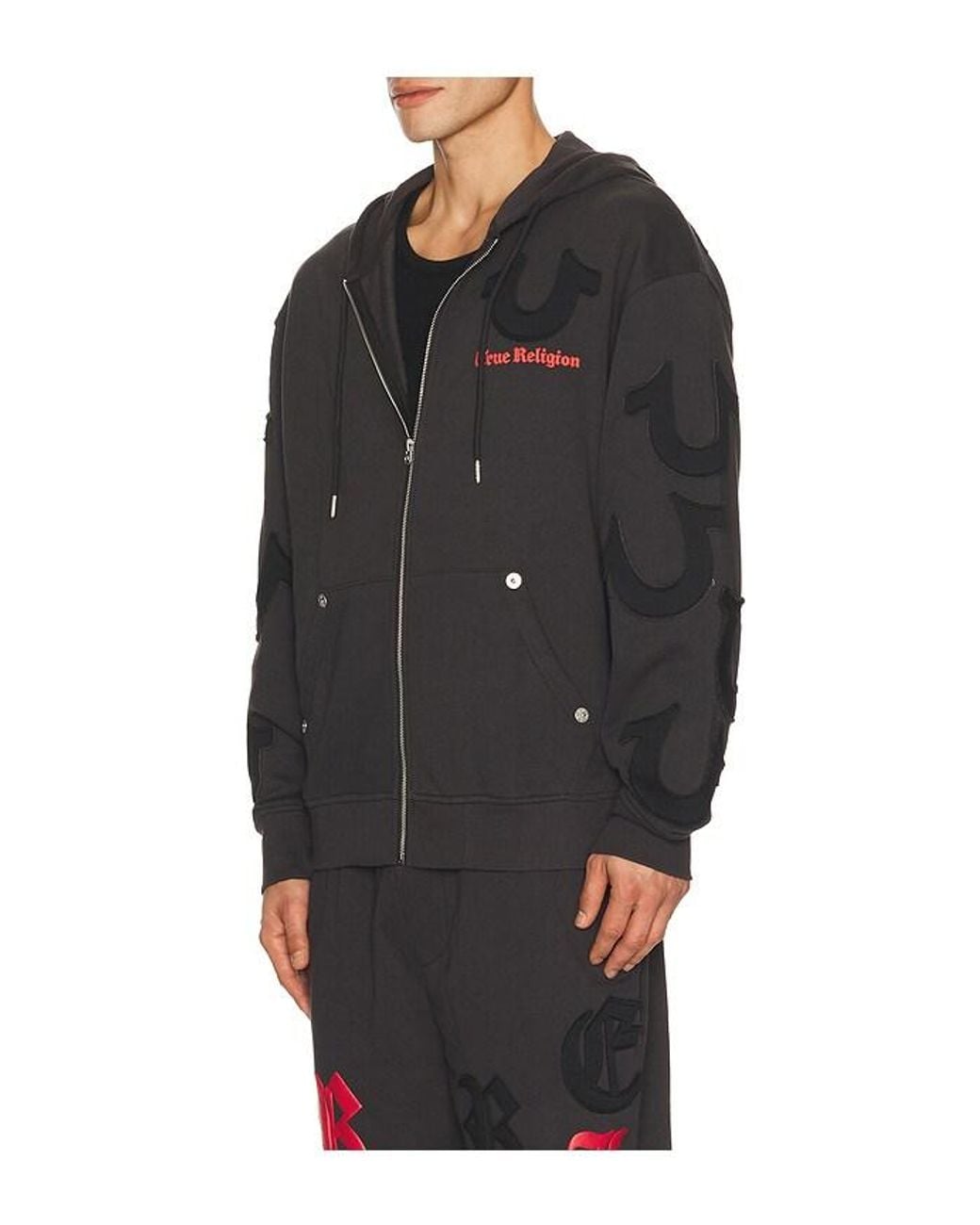 True Religion Black Tossed Logo Zip Hoodie for men
