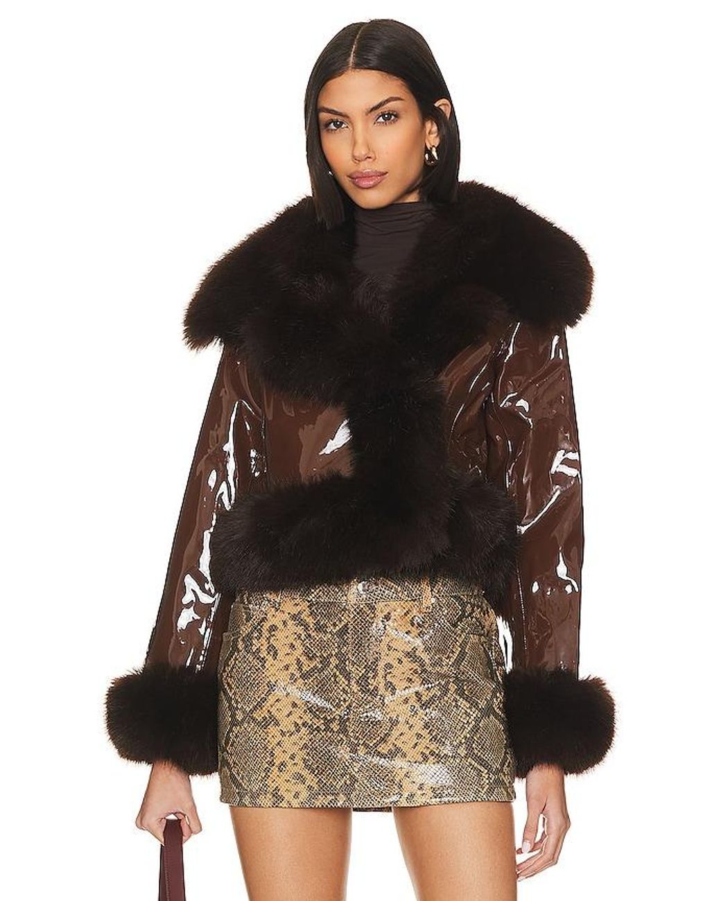 Adrienne Landau Black Faux Leather & Fur Jacket