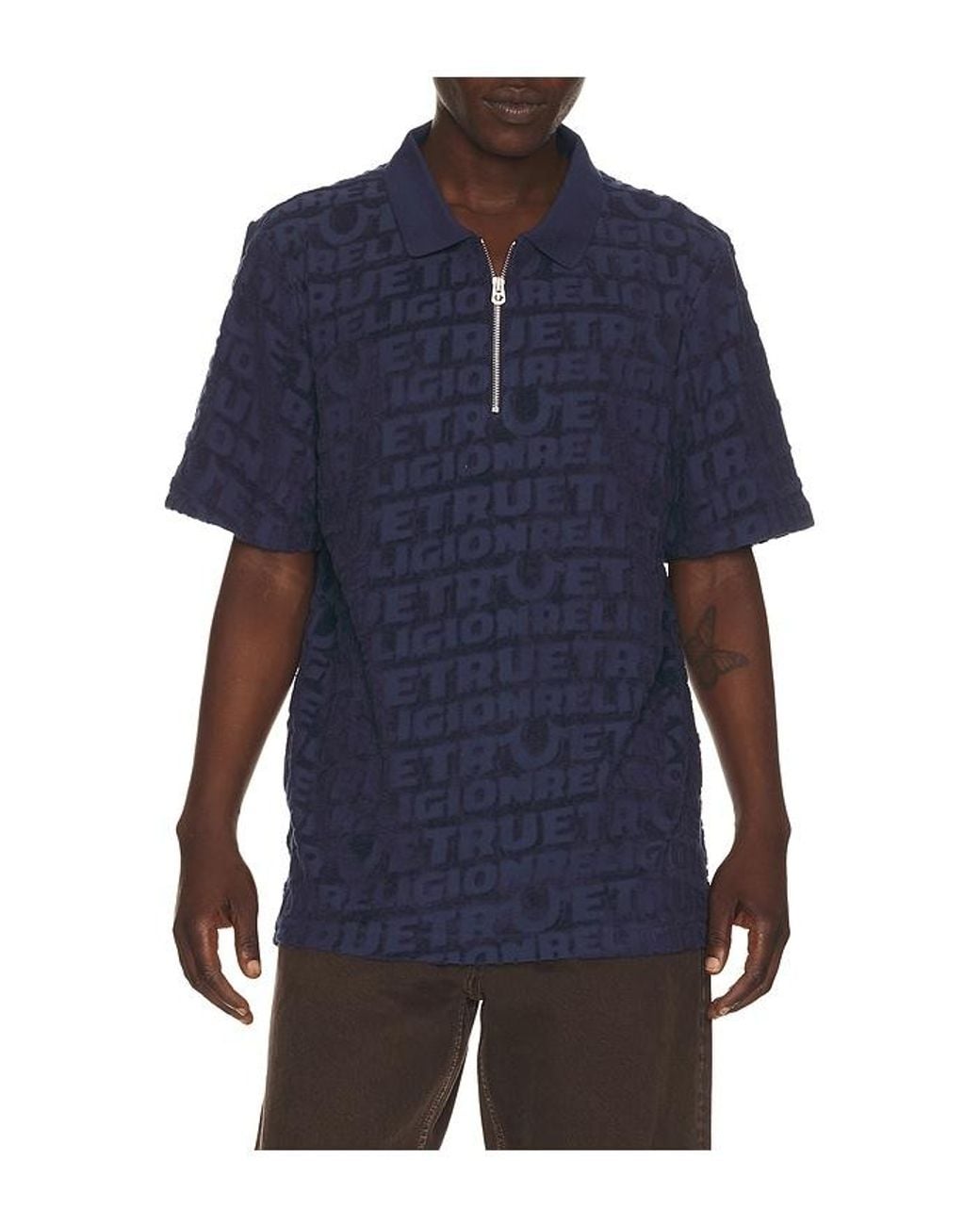 True Religion Blue Logo Terry Knit Zip Polo for men