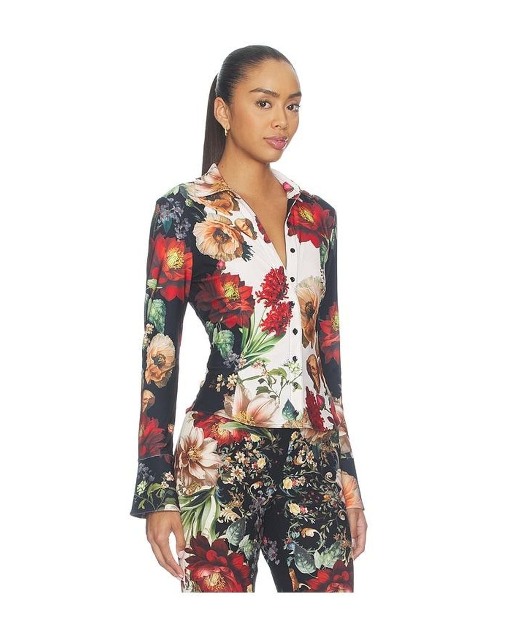 Alice + Olivia Red Freya Fitted Nipped Waist Button Down Top