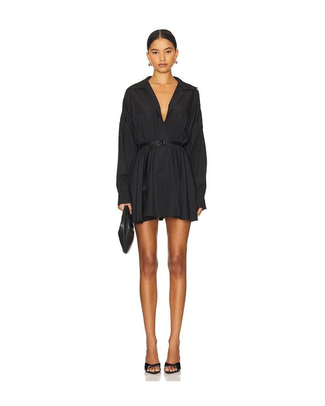 Norma Kamali Black Oversized Shirt Flared Mini Dress
