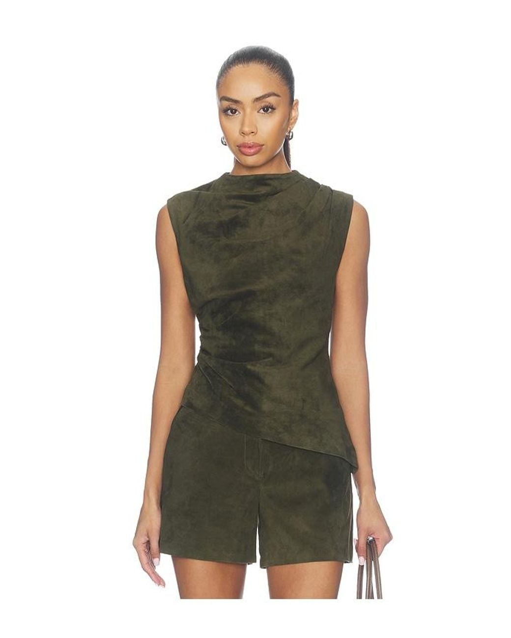 AEXAE Green Lamb Leather Suede Ruched Top