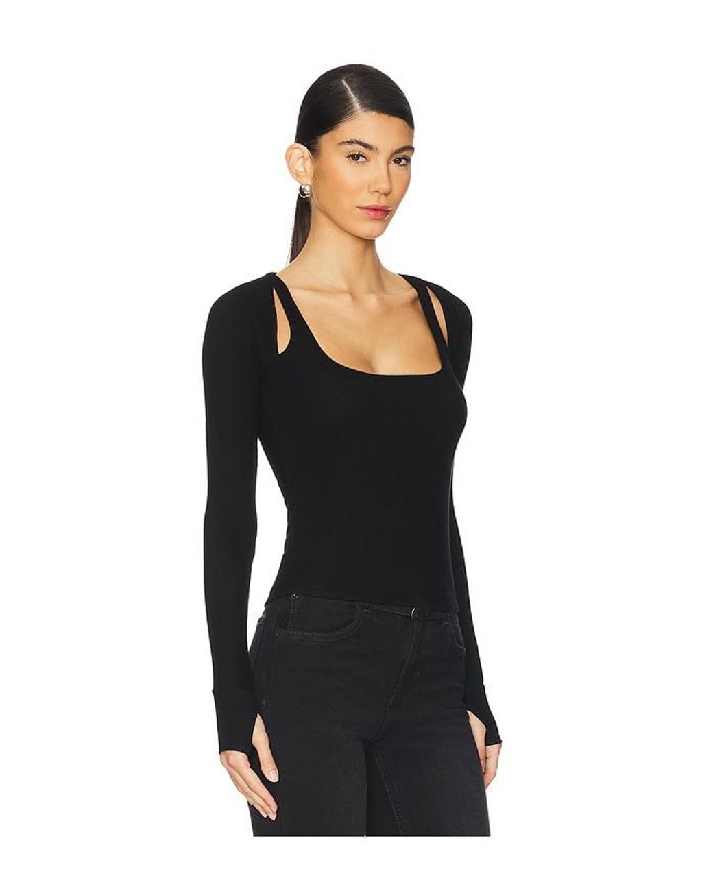 Michael Lauren Black Stanfield Long Sleeve Fitted Scoop Neck With Cutouts